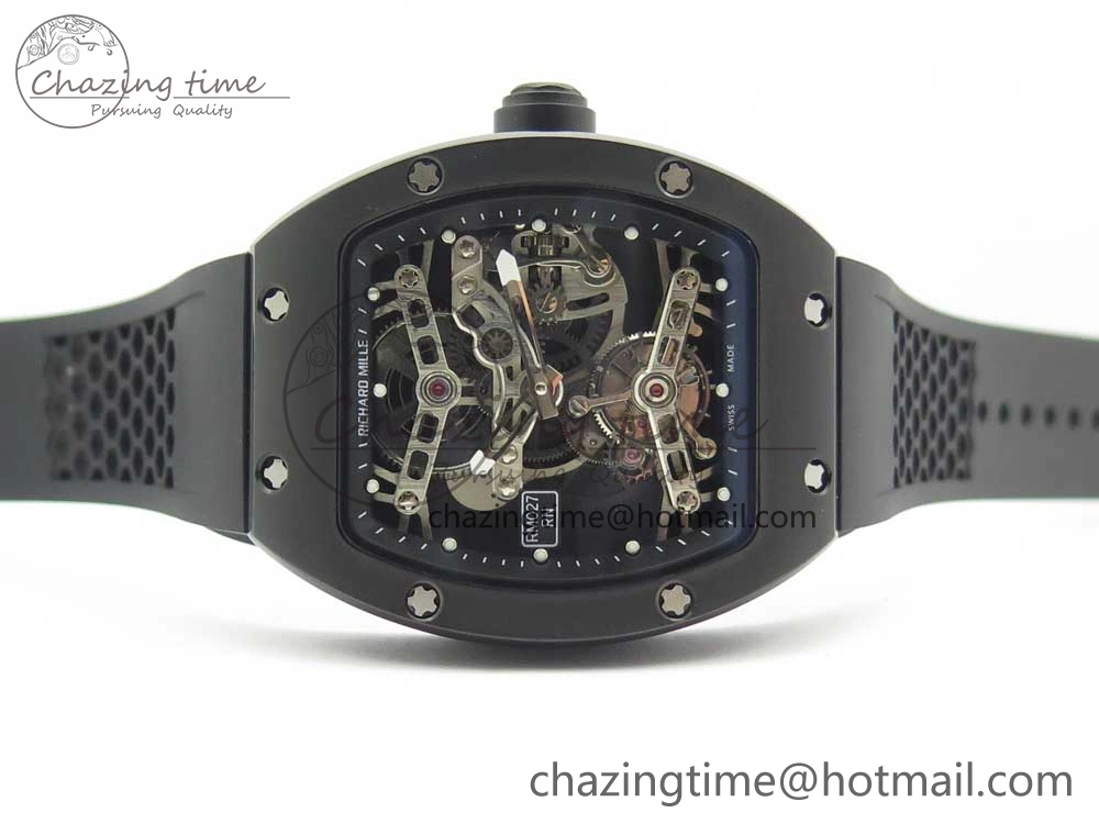 RM027 Titanium DLC Real Tourbillon EURF Best Edition Skeleton Dial on Black Rubber Strap