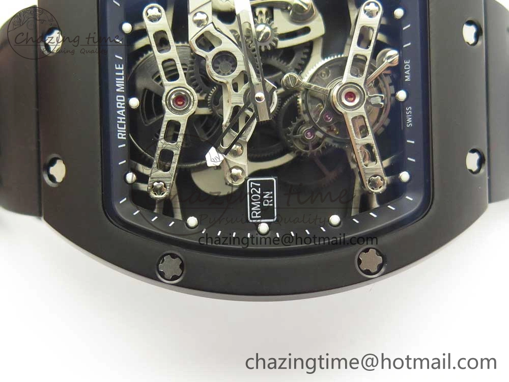 RM027 Titanium DLC Real Tourbillon EURF Best Edition Skeleton Dial on Black Rubber Strap