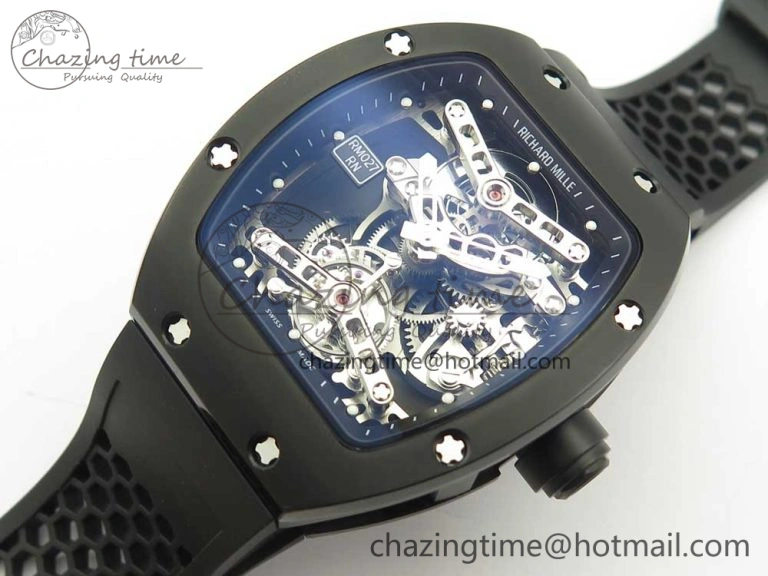 RM027 Titanium DLC Real Tourbillon EURF Best Edition Skeleton Dial on Black Rubber Strap
