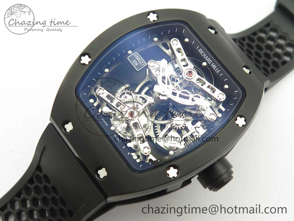 RM027 Titanium DLC Real Tourbillon EURF Best Edition Skeleton Dial on Black Rubber Strap