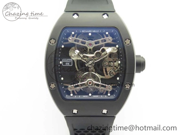 RM027 Titanium DLC Real Tourbillon EURF Best Edition Skeleton Dial on Black Rubber Strap