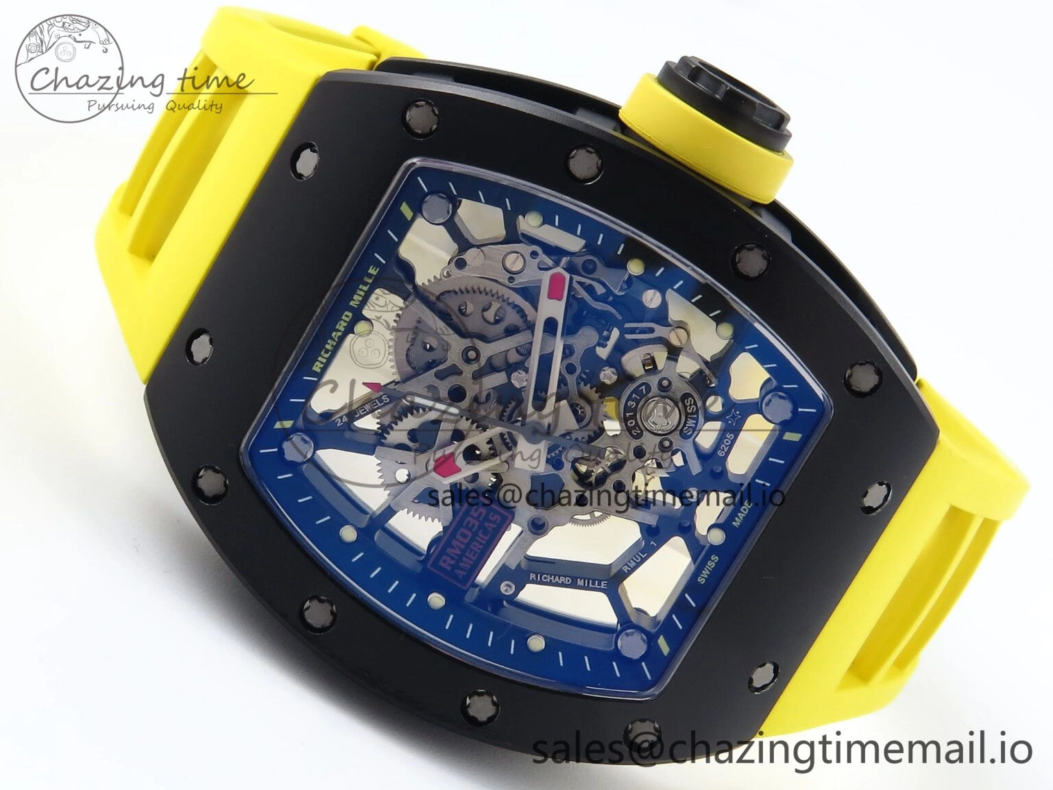 RM035-02 Black Ceramic KVF 1:1 Best Edition Skeleton Dial on Yellow Rubber Strap Clone RMUL1
