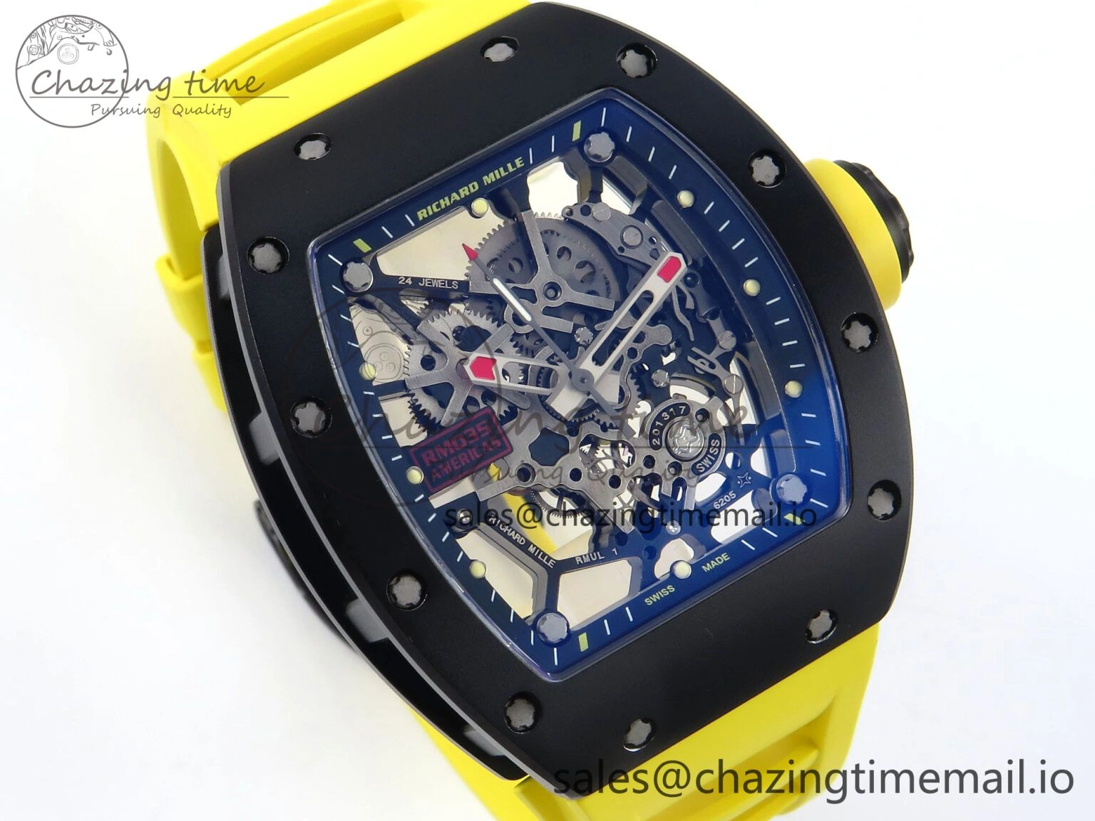RM035-02 Black Ceramic KVF 1:1 Best Edition Skeleton Dial on Yellow Rubber Strap Clone RMUL1