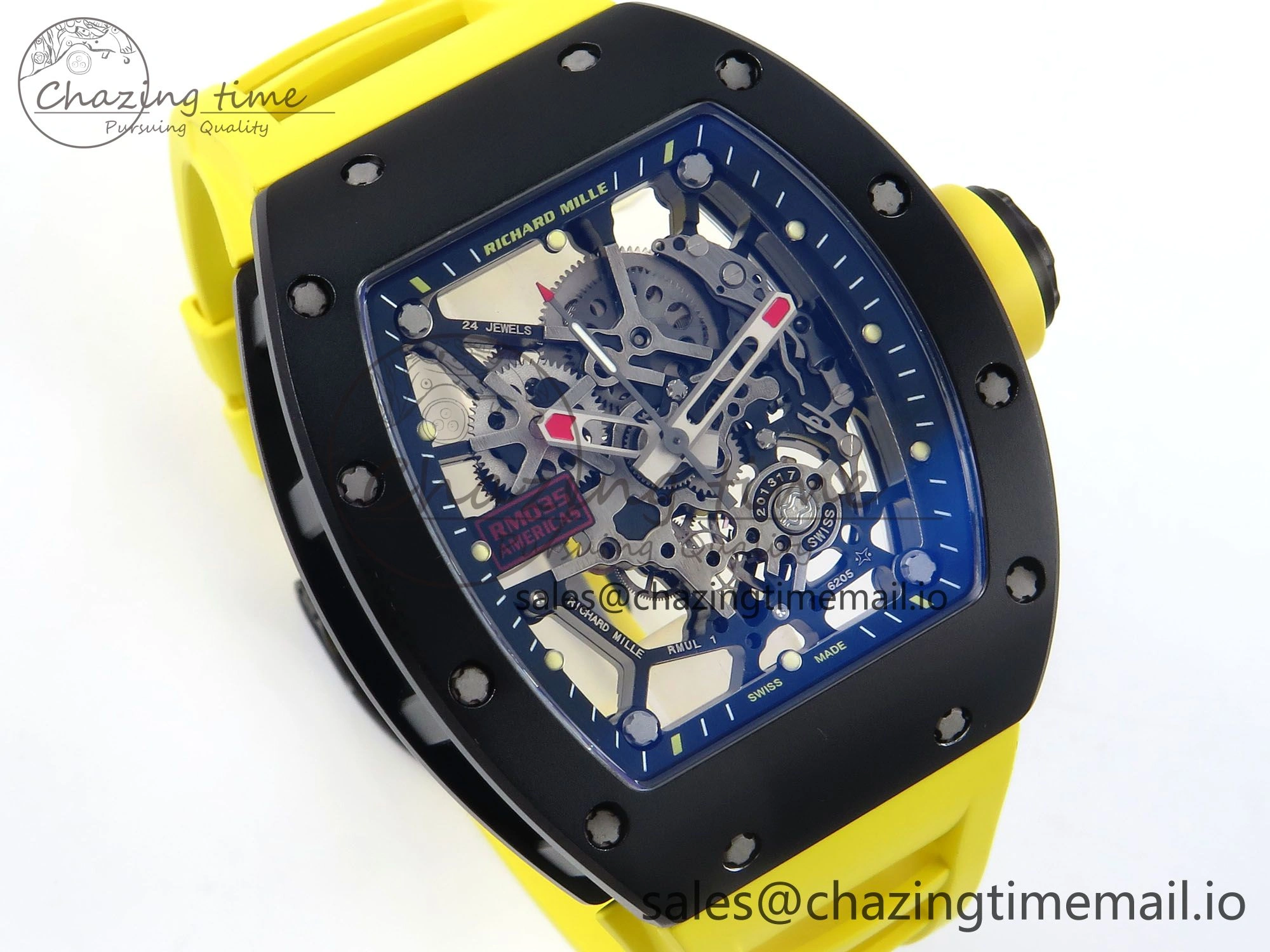 RM035-02 Black Ceramic KVF 1:1 Best Edition Skeleton Dial on Yellow Rubber Strap Clone RMUL1