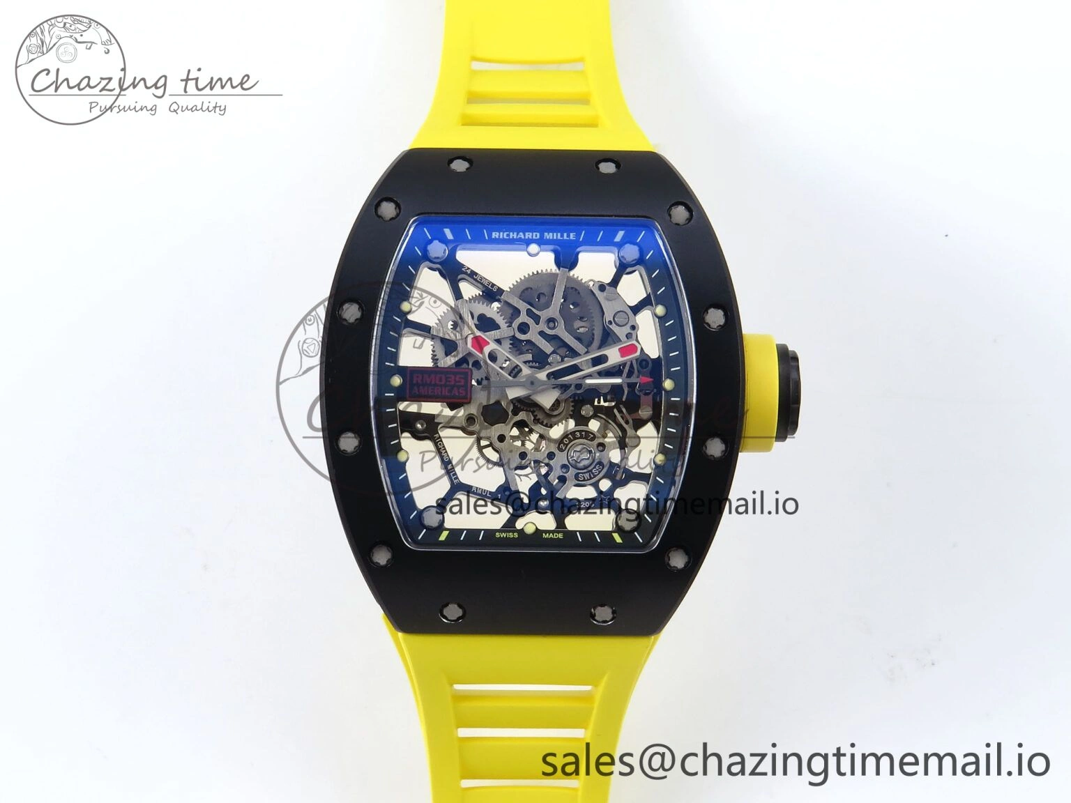 RM035-02 Black Ceramic KVF 1:1 Best Edition Skeleton Dial on Yellow Rubber Strap Clone RMUL1