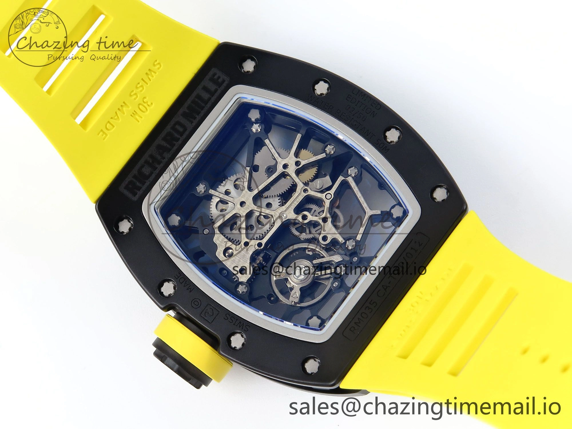 RM035-02 Black Ceramic KVF 1:1 Best Edition Skeleton Dial on Yellow Rubber Strap Clone RMUL1