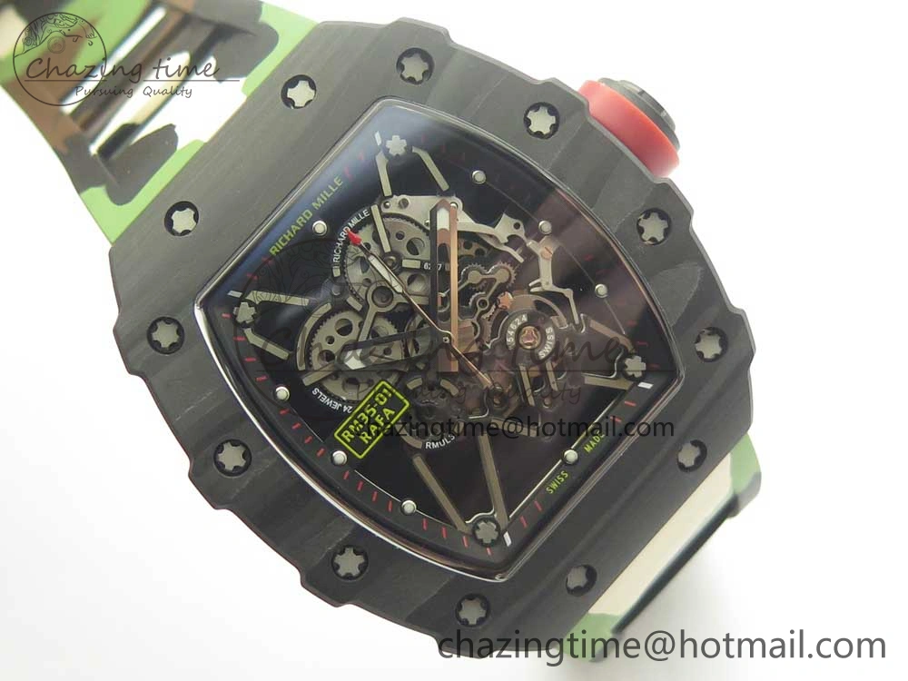RM035-02 Forge Carbon Caseback Titanium Case KVF Best Edition Skeleton Dial Red on Camo Rubber Strap MIYOTA8215
