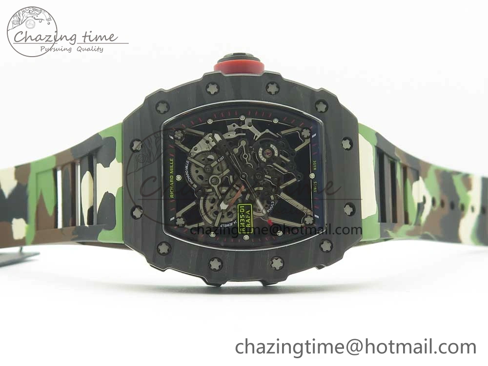 RM035-02 Forge Carbon Caseback Titanium Case KVF Best Edition Skeleton Dial Red on Camo Rubber Strap MIYOTA8215