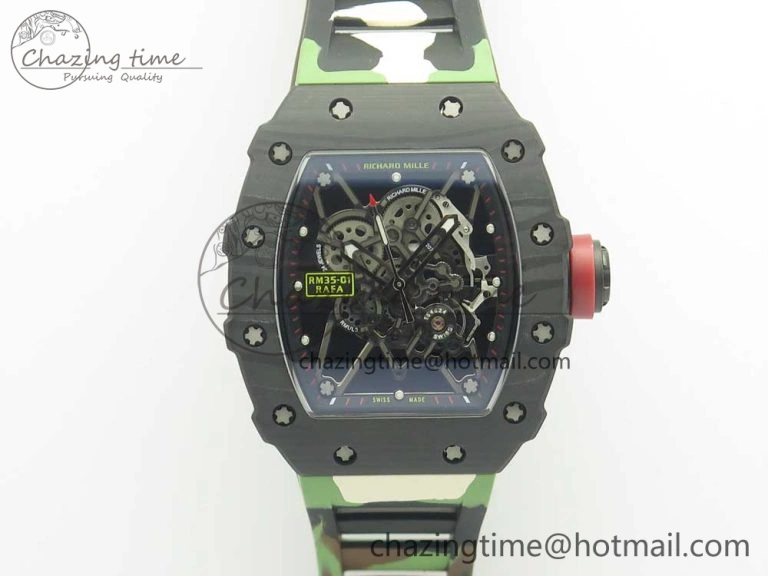 RM035-02 Forge Carbon Caseback Titanium Case KVF Best Edition Skeleton Dial Red on Camo Rubber Strap MIYOTA8215
