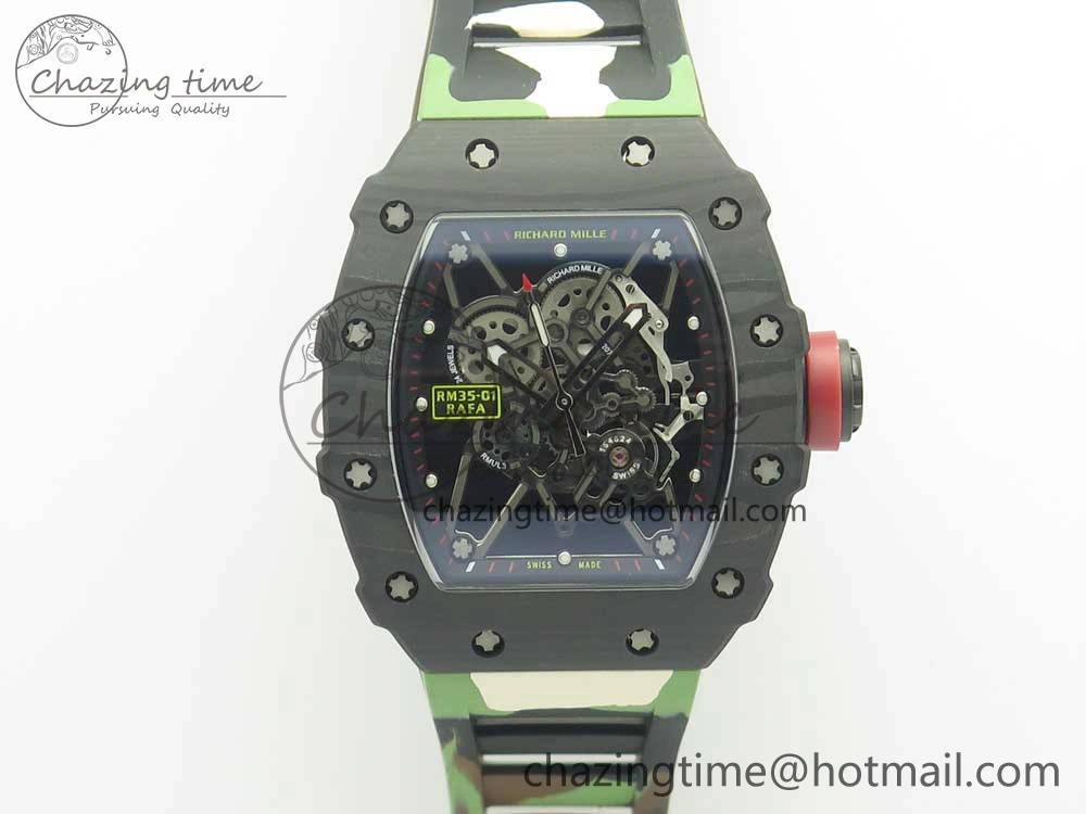 RM035-02 Forge Carbon Caseback Titanium Case KVF Best Edition Skeleton Dial Red on Camo Rubber Strap MIYOTA8215