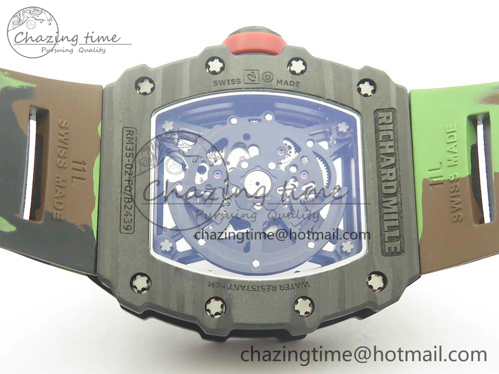 RM035-02 Forge Carbon Titanium Case KVF Best Edition Skeleton Dial Red on Camo Rubber Strap MIYOTA8215