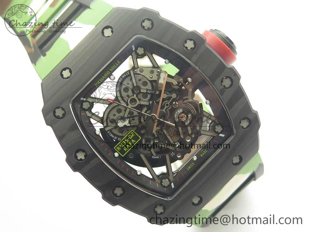 RM035-02 Forge Carbon Titanium Case KVF Best Edition Skeleton Dial Red on Camo Rubber Strap MIYOTA8215