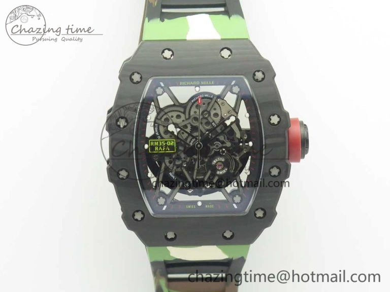 RM035-02 Forge Carbon Titanium Case KVF Best Edition Skeleton Dial Red on Camo Rubber Strap MIYOTA8215