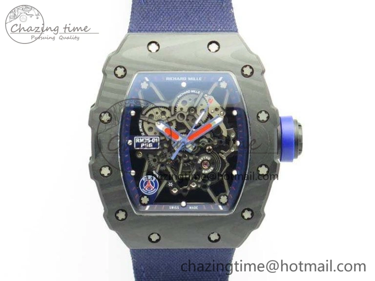 RM035-02 PSG Forged Carbon Caseback KVF Best Edition Skeleton Dial On Blue Nylon Strap MIYOTA8215 V2