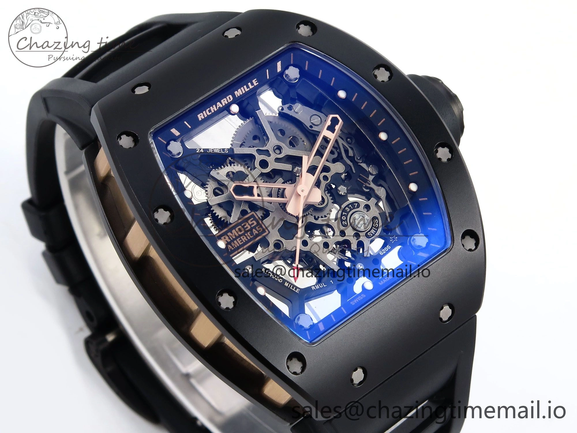 RM035-02 RG Black Ceramic SONIC Best Edition Skeleton Dial on Black Rubber Strap Clone RMUL1