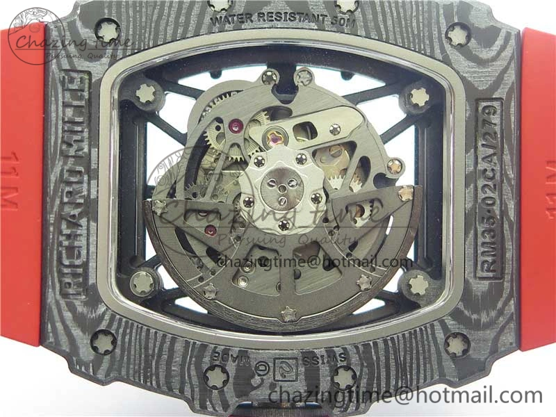 RM035-02 Real Forge Carbon Z+F 1:1 Best Edition Skeleton Dial on Red Rubber Strap NH05A
