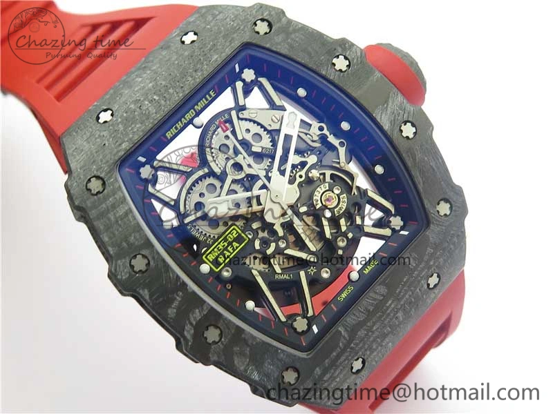 RM035-02 Real Forge Carbon Z+F 1:1 Best Edition Skeleton Dial on Red Rubber Strap NH05A