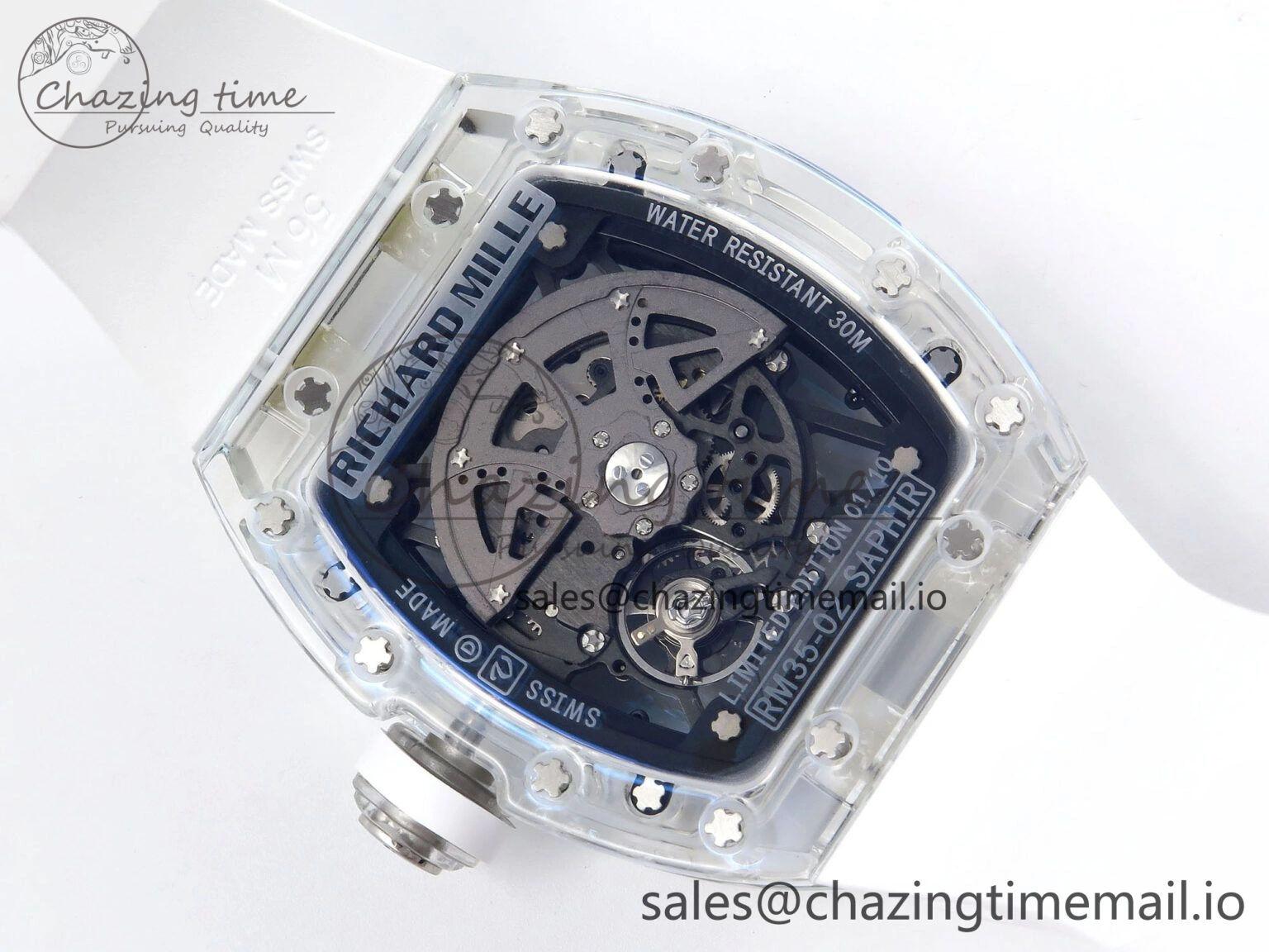 RM035-02 Transparent RMF 1:1 Best Edition Skeleton Dial on White Rubber Strap RMAL1