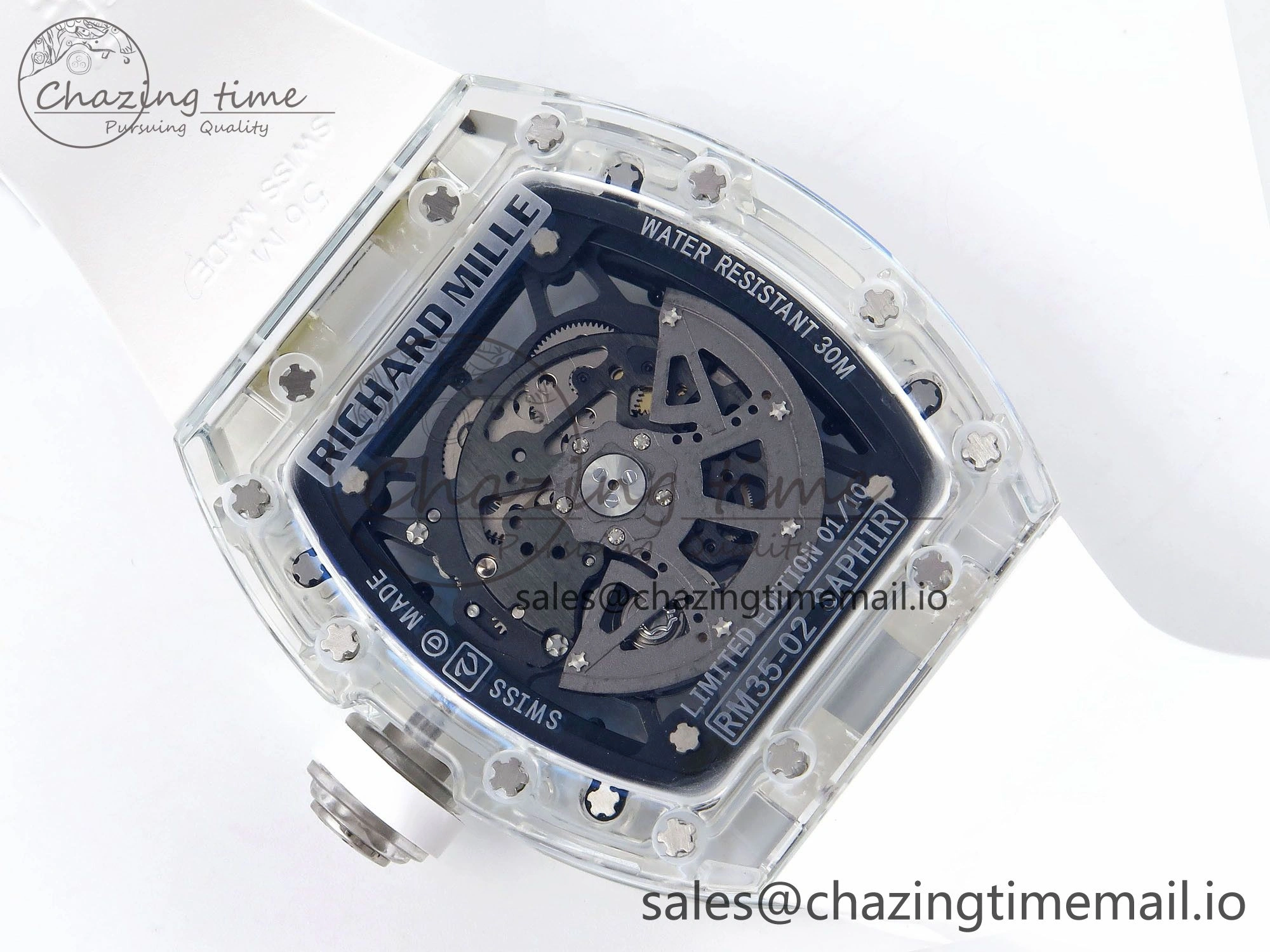 RM035-02 Transparent RMF 1:1 Best Edition Skeleton Dial on White Rubber Strap RMAL1