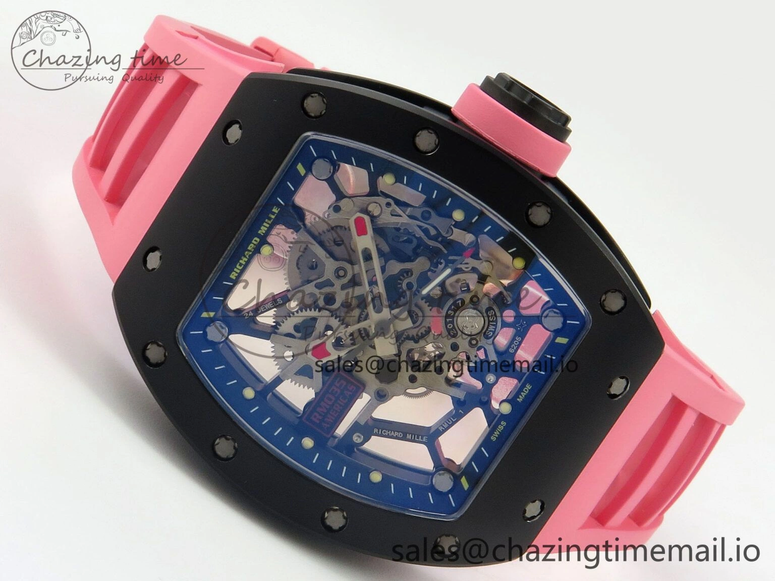 RM035 Americas RG Black Ceramic SONIC Best Edition Skeleton Dial on Pink Rubber Strap Clone RMUL1
