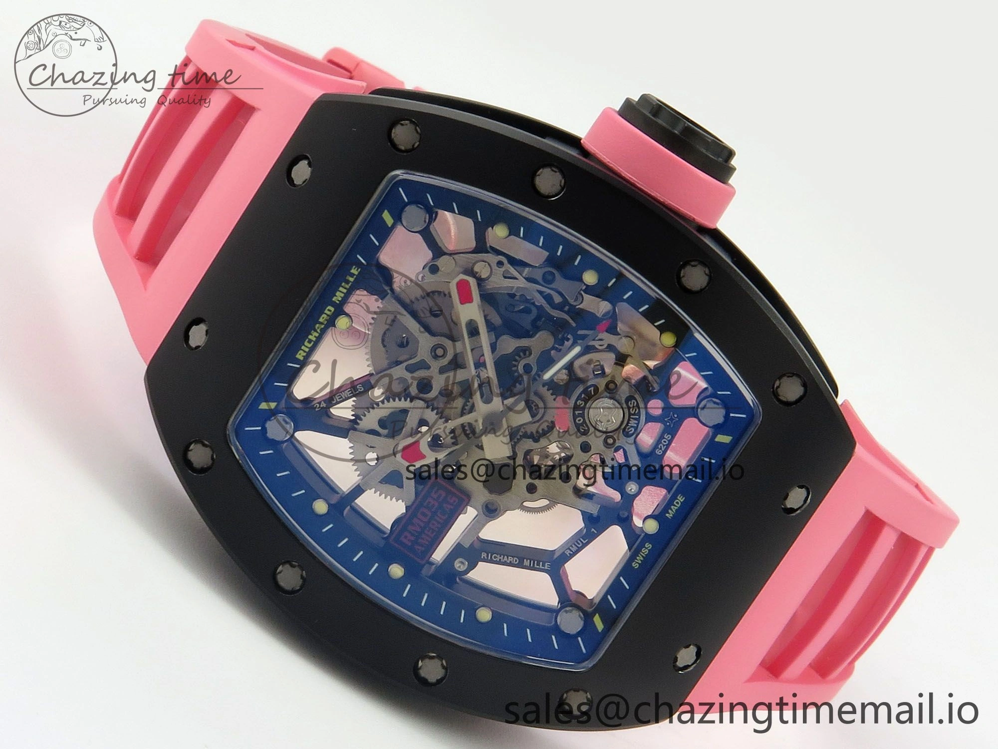 RM035 Americas RG Black Ceramic SONIC Best Edition Skeleton Dial on Pink Rubber Strap Clone RMUL1
