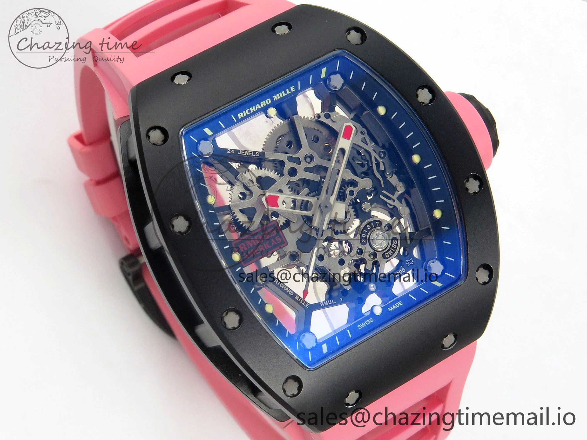 RM035 Americas RG Black Ceramic SONIC Best Edition Skeleton Dial on Pink Rubber Strap Clone RMUL1