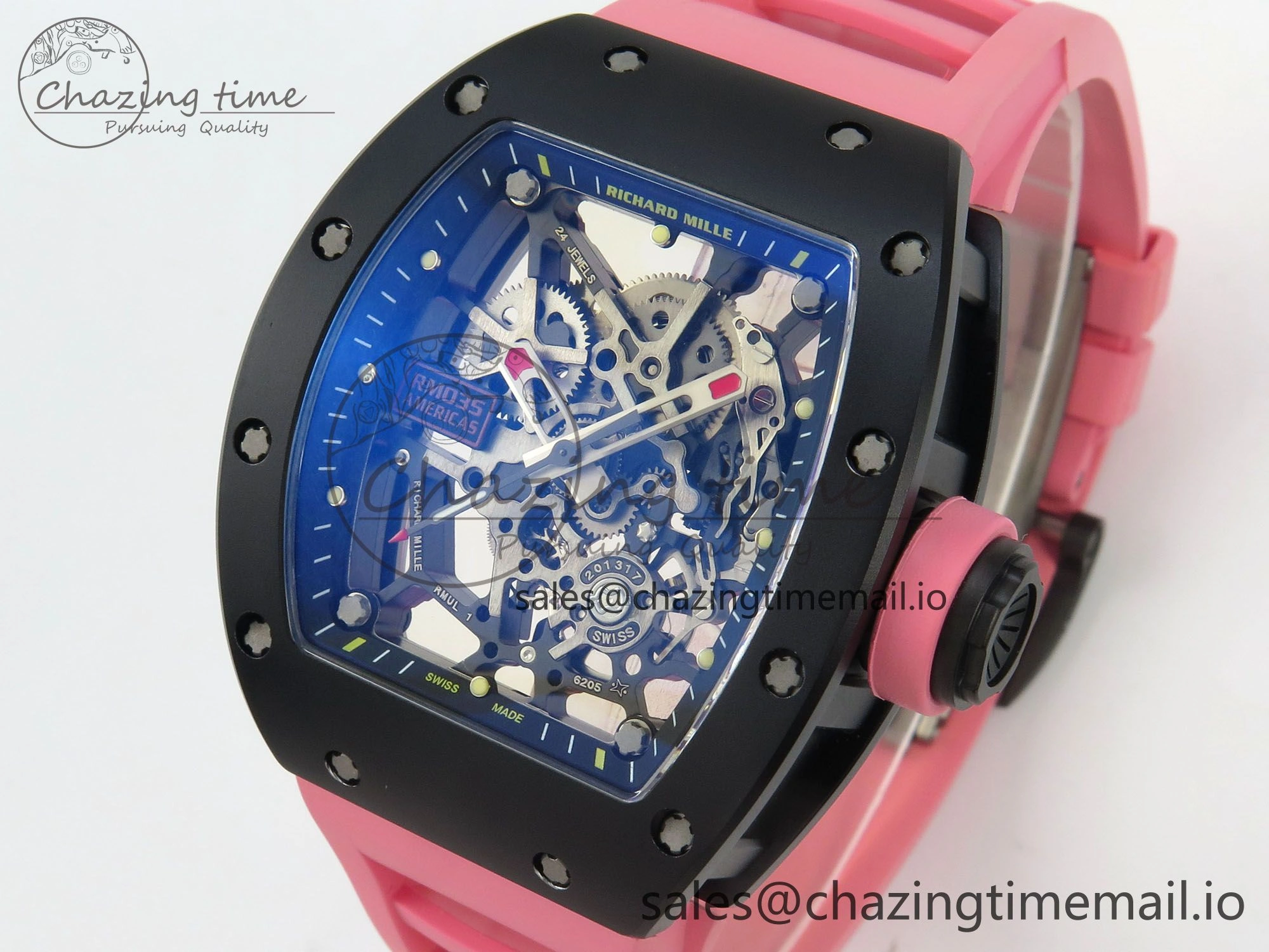 RM035 Americas RG Black Ceramic SONIC Best Edition Skeleton Dial on Pink Rubber Strap Clone RMUL1