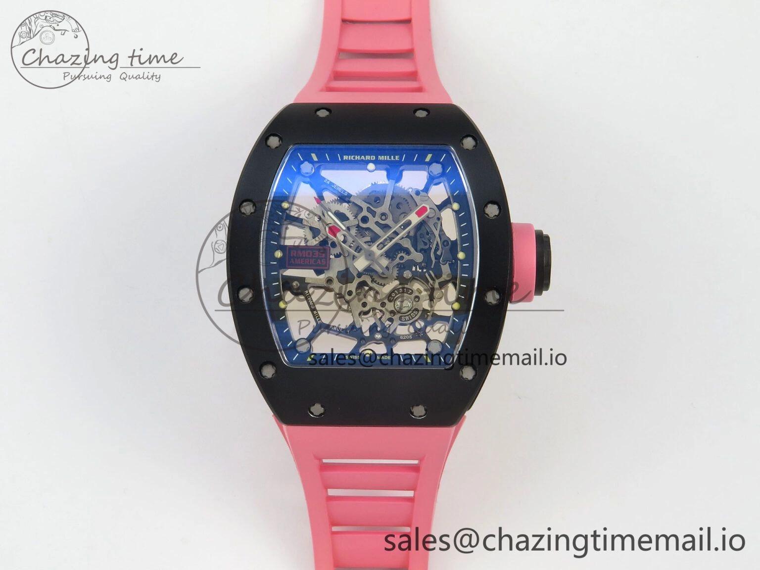 RM035 Americas RG Black Ceramic SONIC Best Edition Skeleton Dial on Pink Rubber Strap Clone RMUL1
