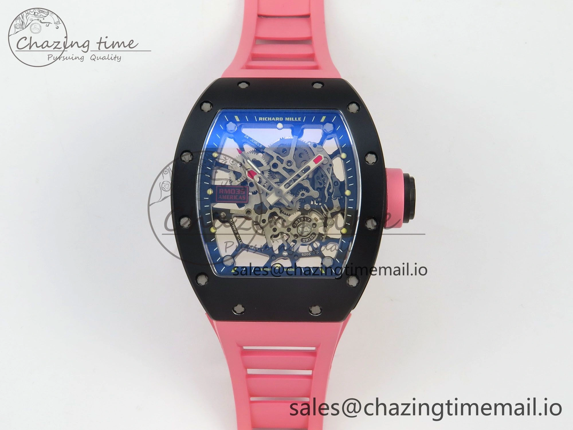 RM035 Americas RG Black Ceramic SONIC Best Edition Skeleton Dial on Pink Rubber Strap Clone RMUL1