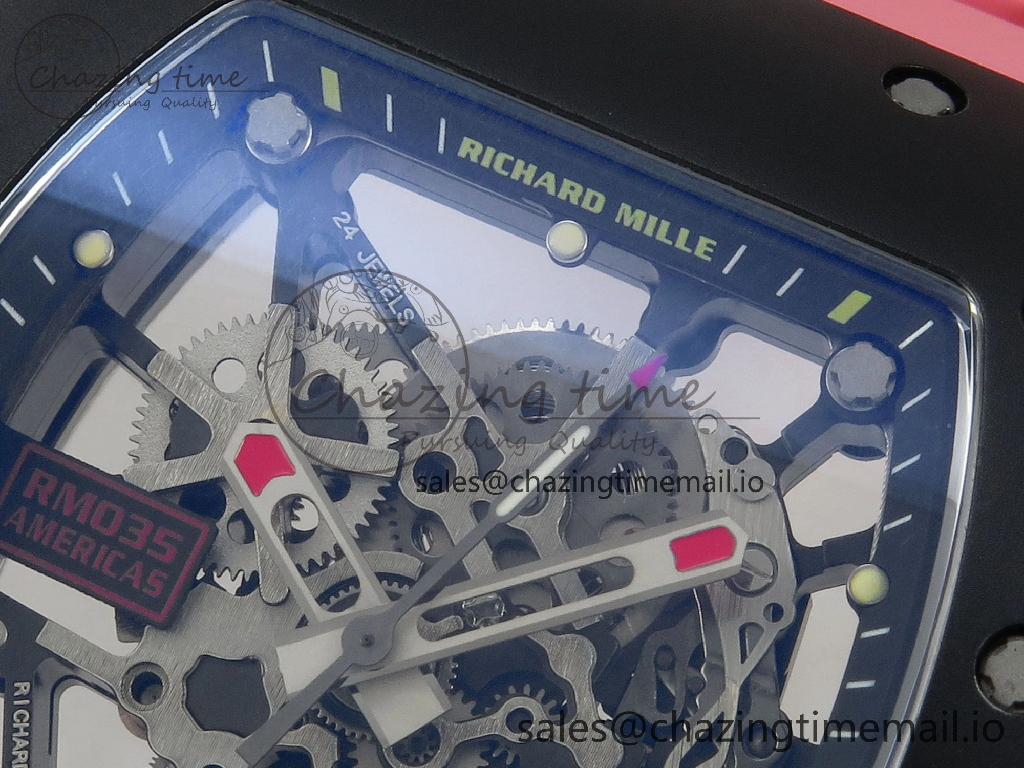 RM035 Americas RG Black Ceramic SONIC Best Edition Skeleton Dial on Pink Rubber Strap Clone RMUL1