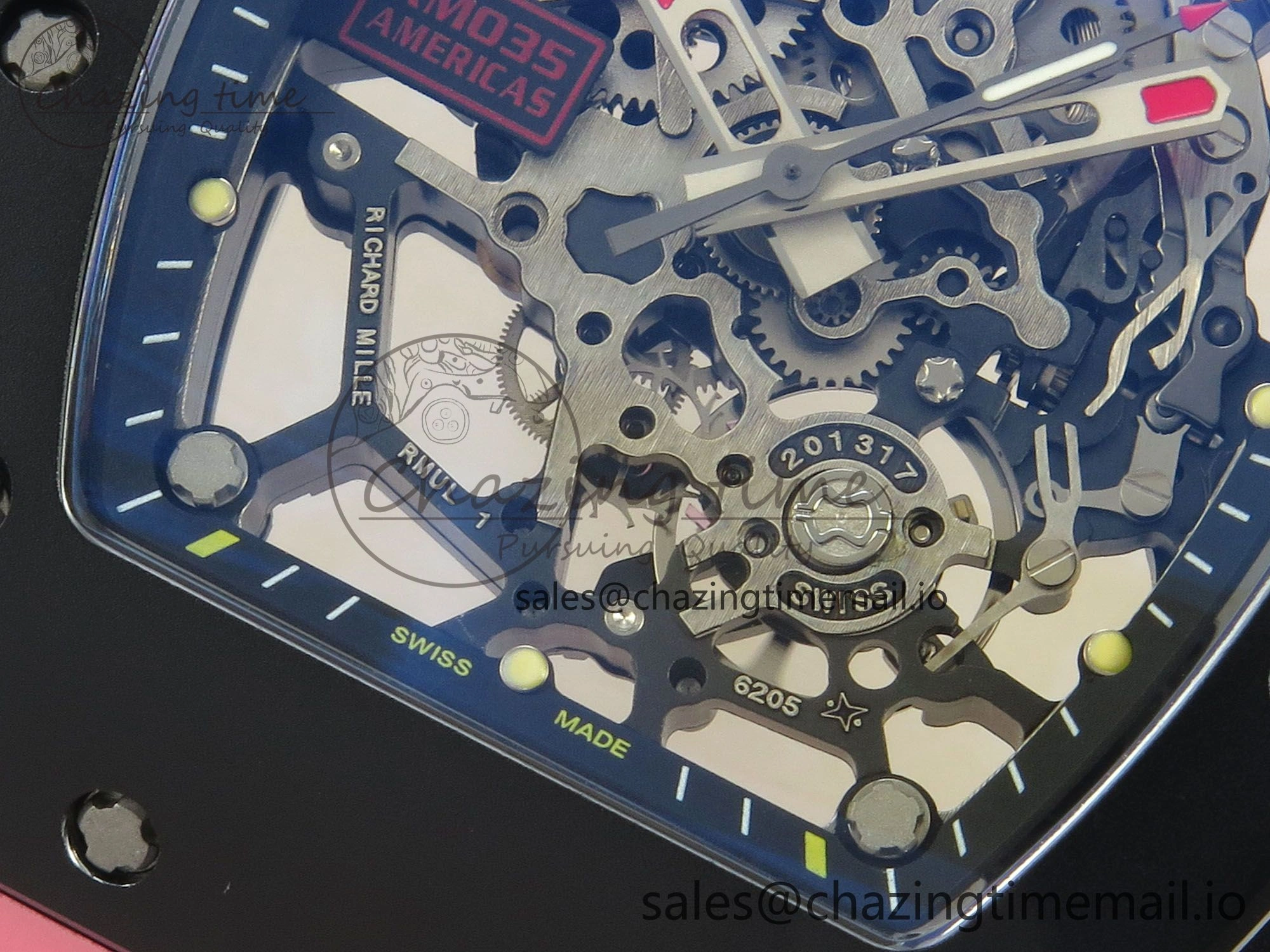 RM035 Americas RG Black Ceramic SONIC Best Edition Skeleton Dial on Pink Rubber Strap Clone RMUL1