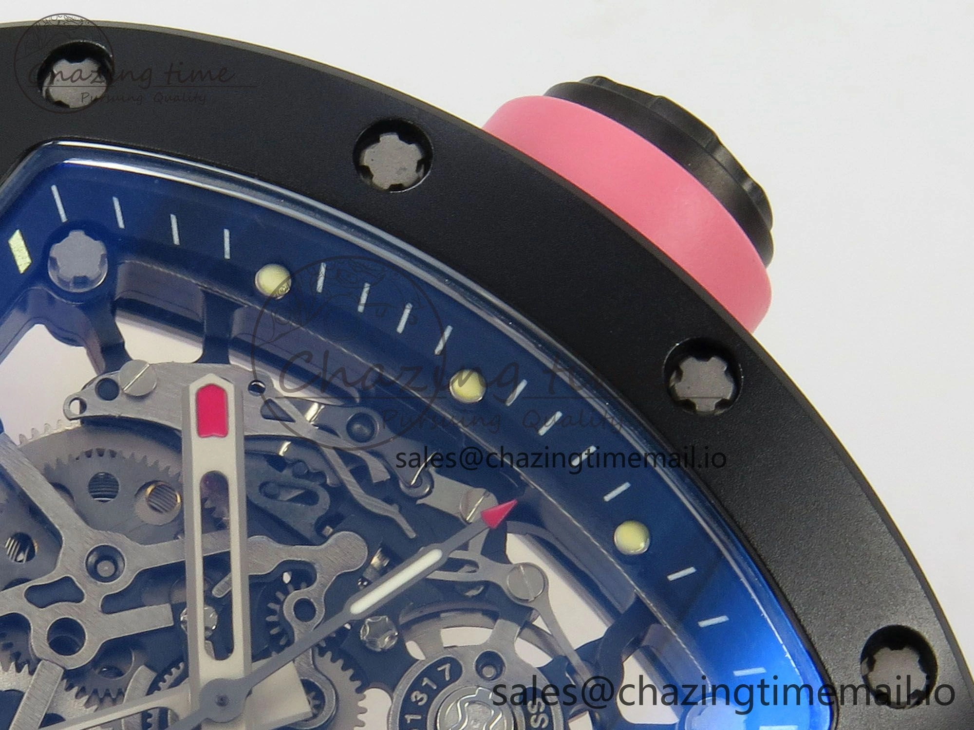 RM035 Americas RG Black Ceramic SONIC Best Edition Skeleton Dial on Pink Rubber Strap Clone RMUL1