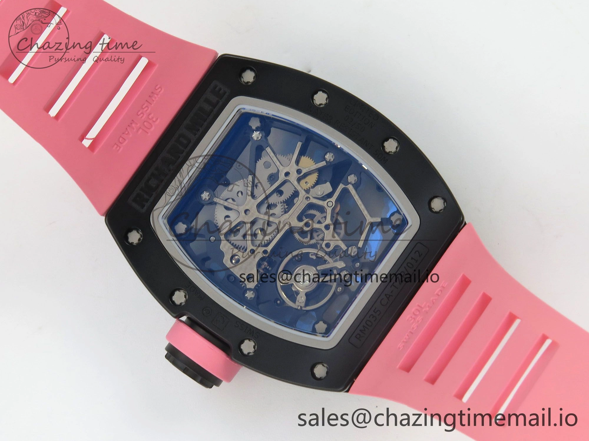 RM035 Americas RG Black Ceramic SONIC Best Edition Skeleton Dial on Pink Rubber Strap Clone RMUL1