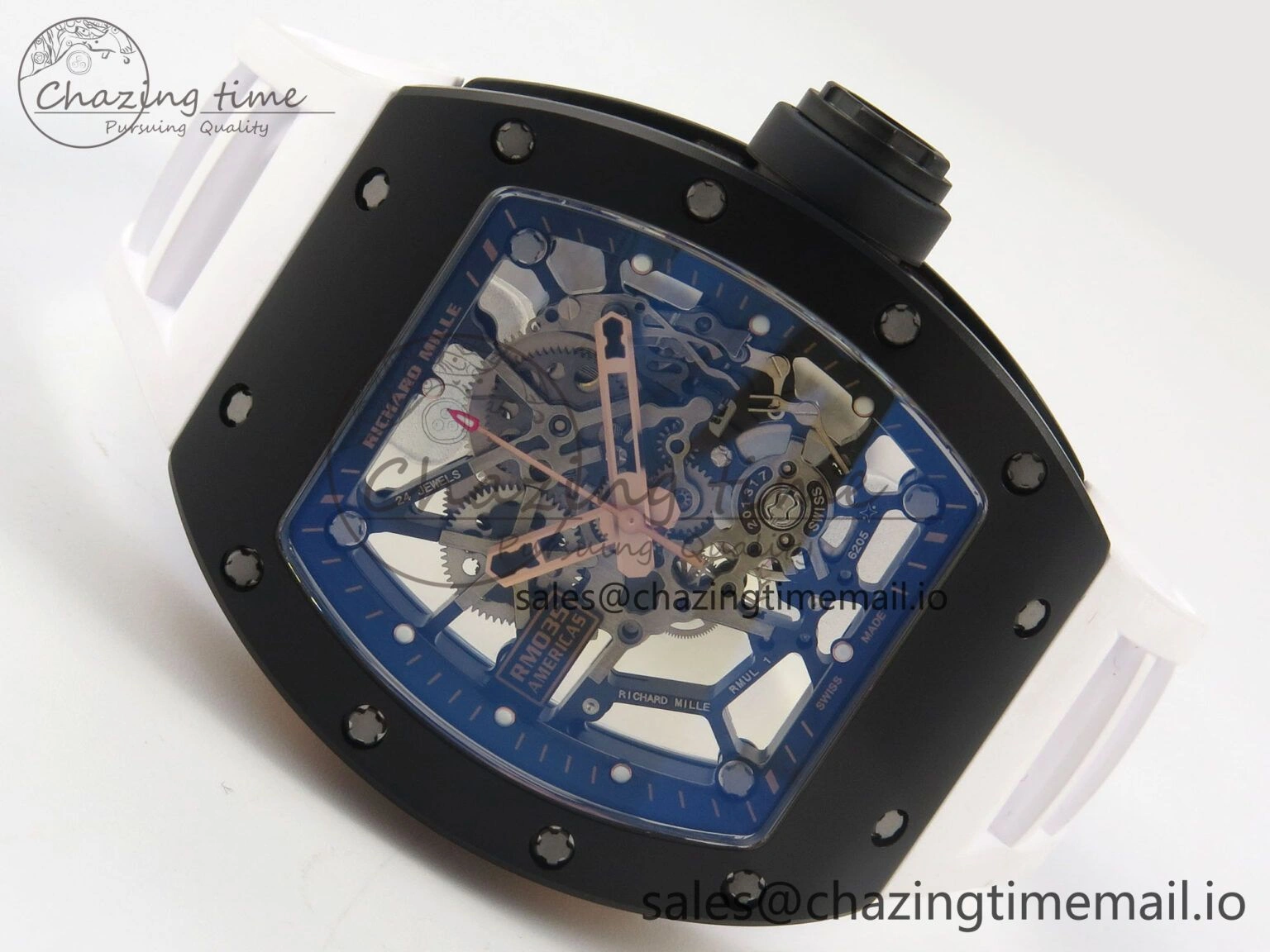 RM035 Americas RG Black Ceramic SONIC Best Edition Skeleton Dial on White Rubber Strap Clone RMUL1