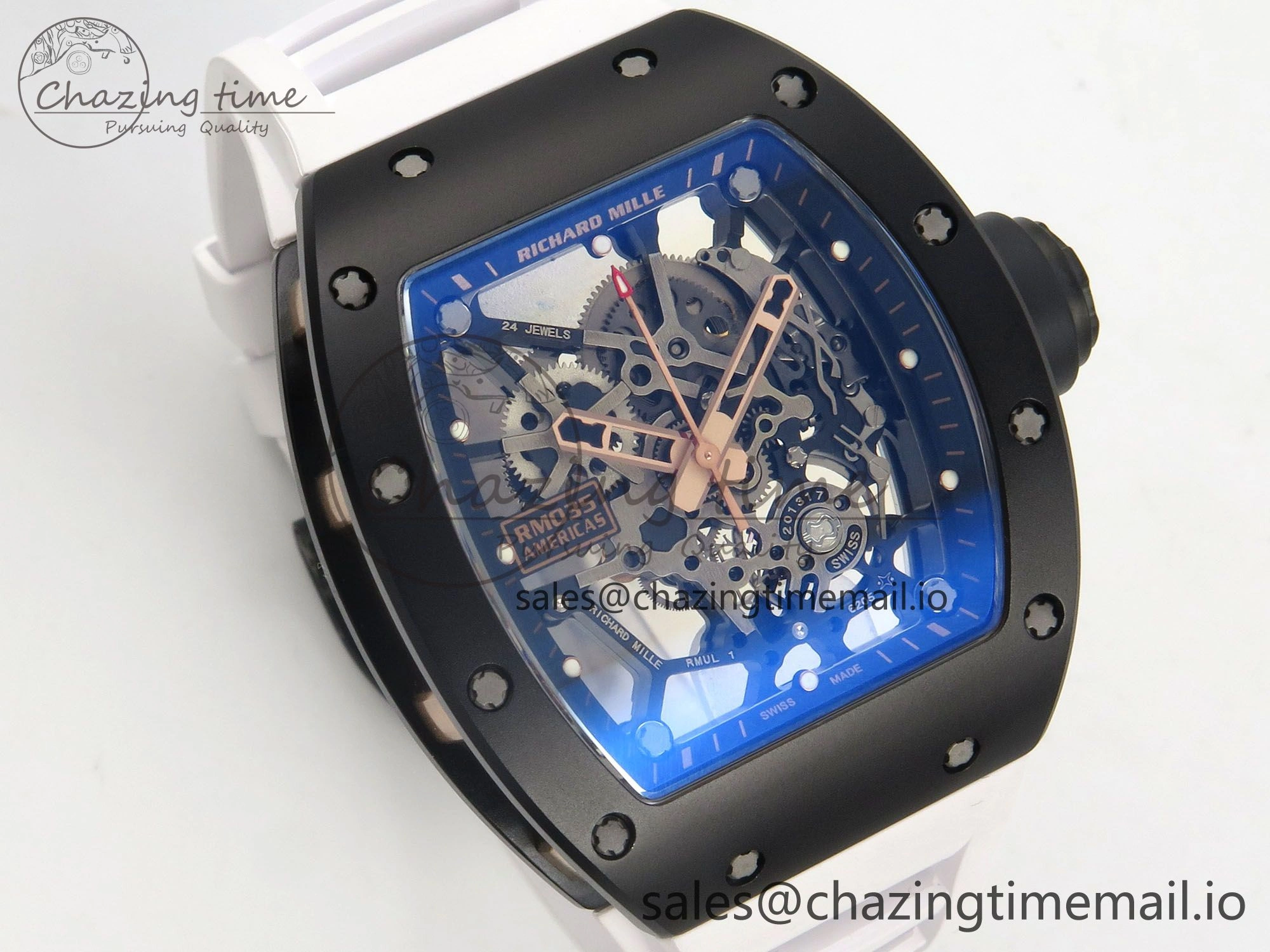 RM035 Americas RG Black Ceramic SONIC Best Edition Skeleton Dial on White Rubber Strap Clone RMUL1