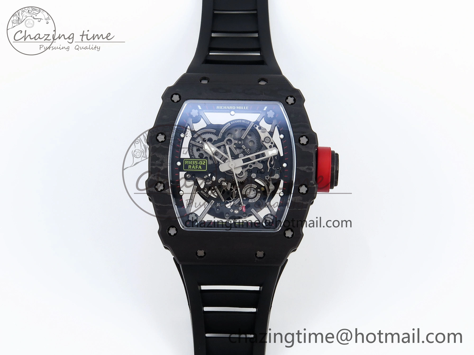 RM035 BLACK CARBON SONIC BEST EDITION SKELETON DIAL ON BLACK RUBBER STRAP CLONE RMUL2
