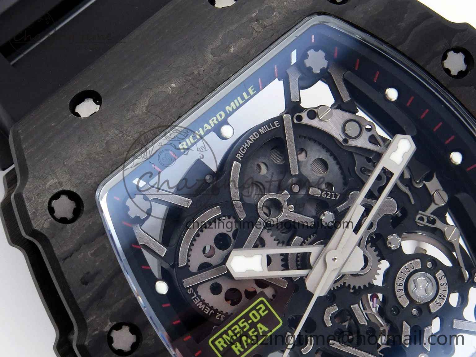 RM035 BLACK CARBON SONIC BEST EDITION SKELETON DIAL ON BLACK RUBBER STRAP CLONE RMUL2