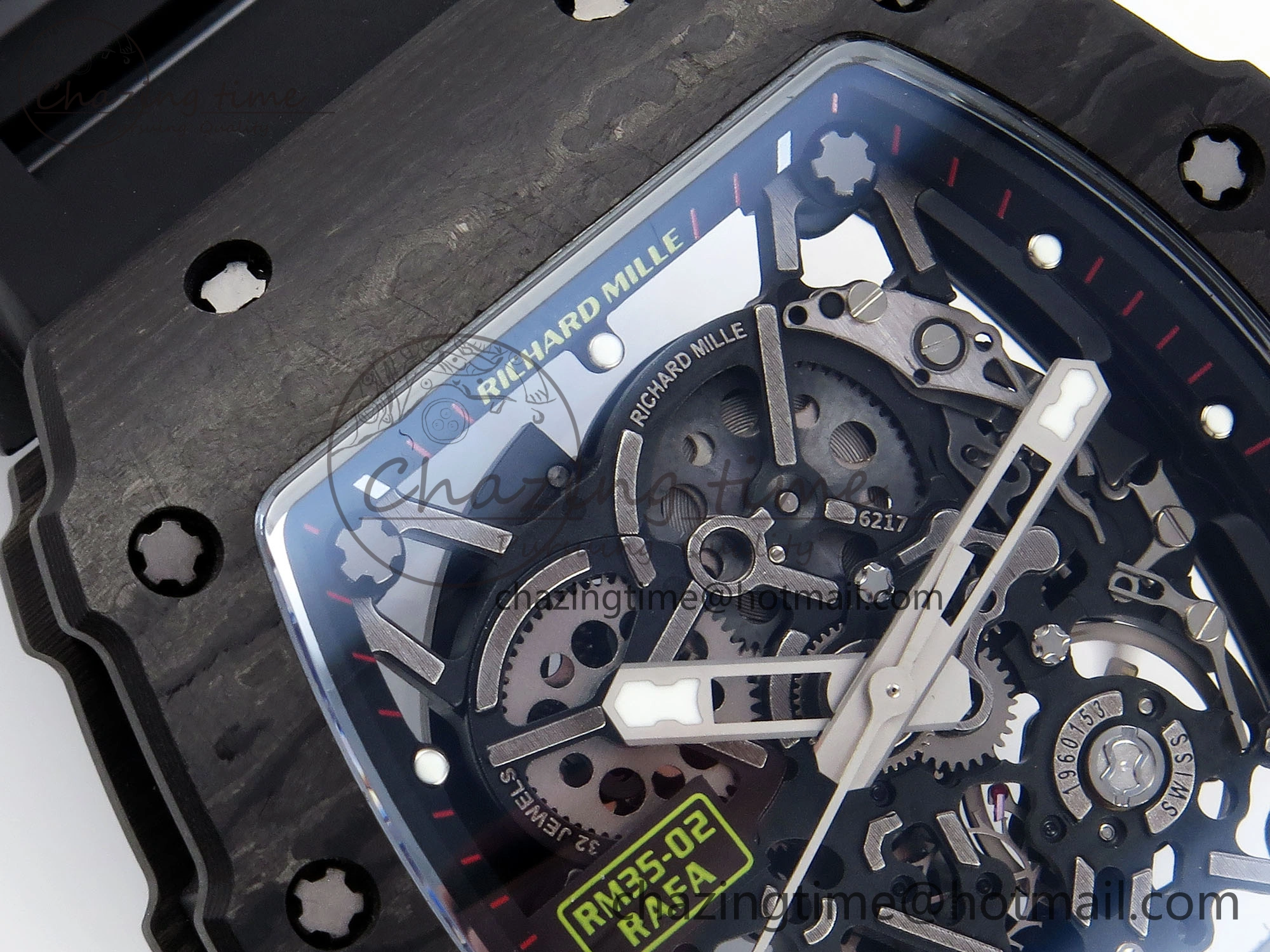 RM035 BLACK CARBON SONIC BEST EDITION SKELETON DIAL ON BLACK RUBBER STRAP CLONE RMUL2
