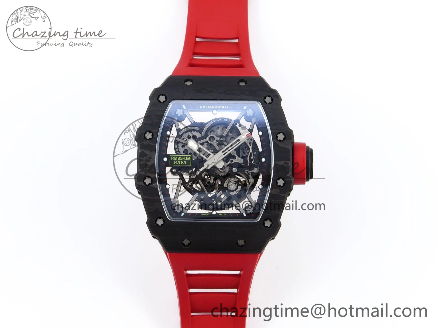 RM035 BLACK CARBON SONIC BEST EDITION SKELETON DIAL ON RED RUBBER STRAP CLONE RMUL2
