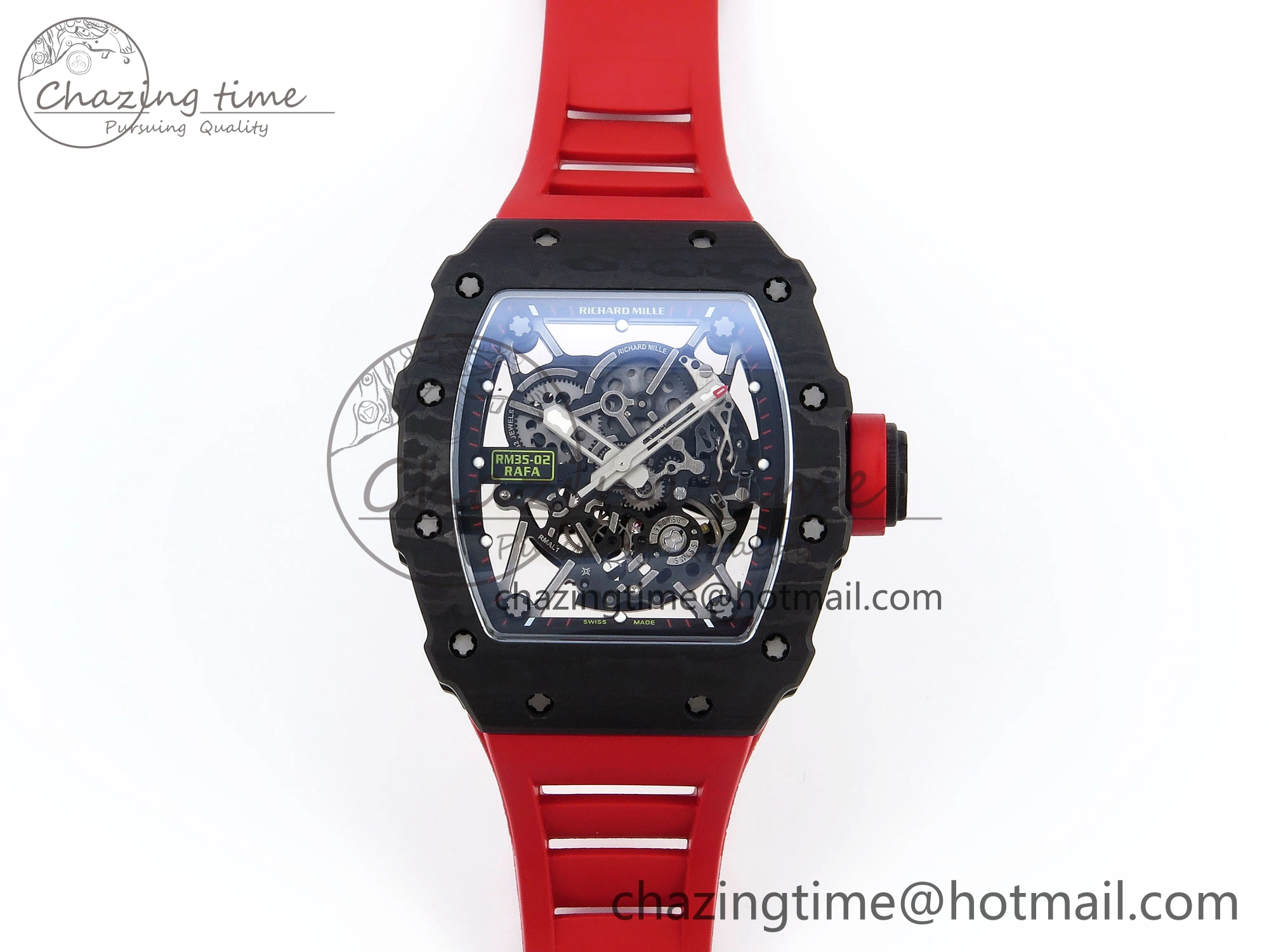 RM035 BLACK CARBON SONIC BEST EDITION SKELETON DIAL ON RED RUBBER STRAP CLONE RMUL2