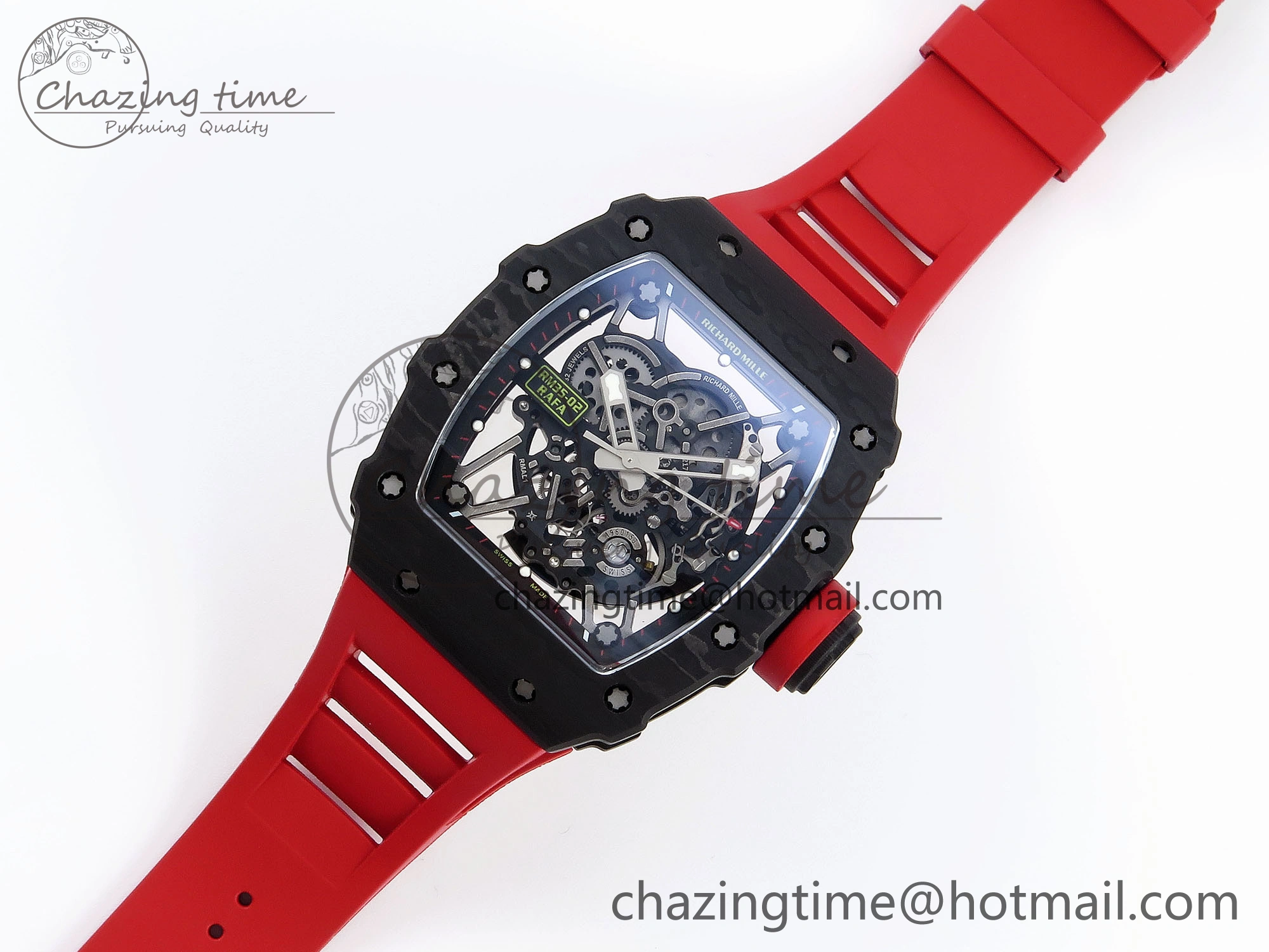 RM035 BLACK CARBON SONIC BEST EDITION SKELETON DIAL ON RED RUBBER STRAP CLONE RMUL2