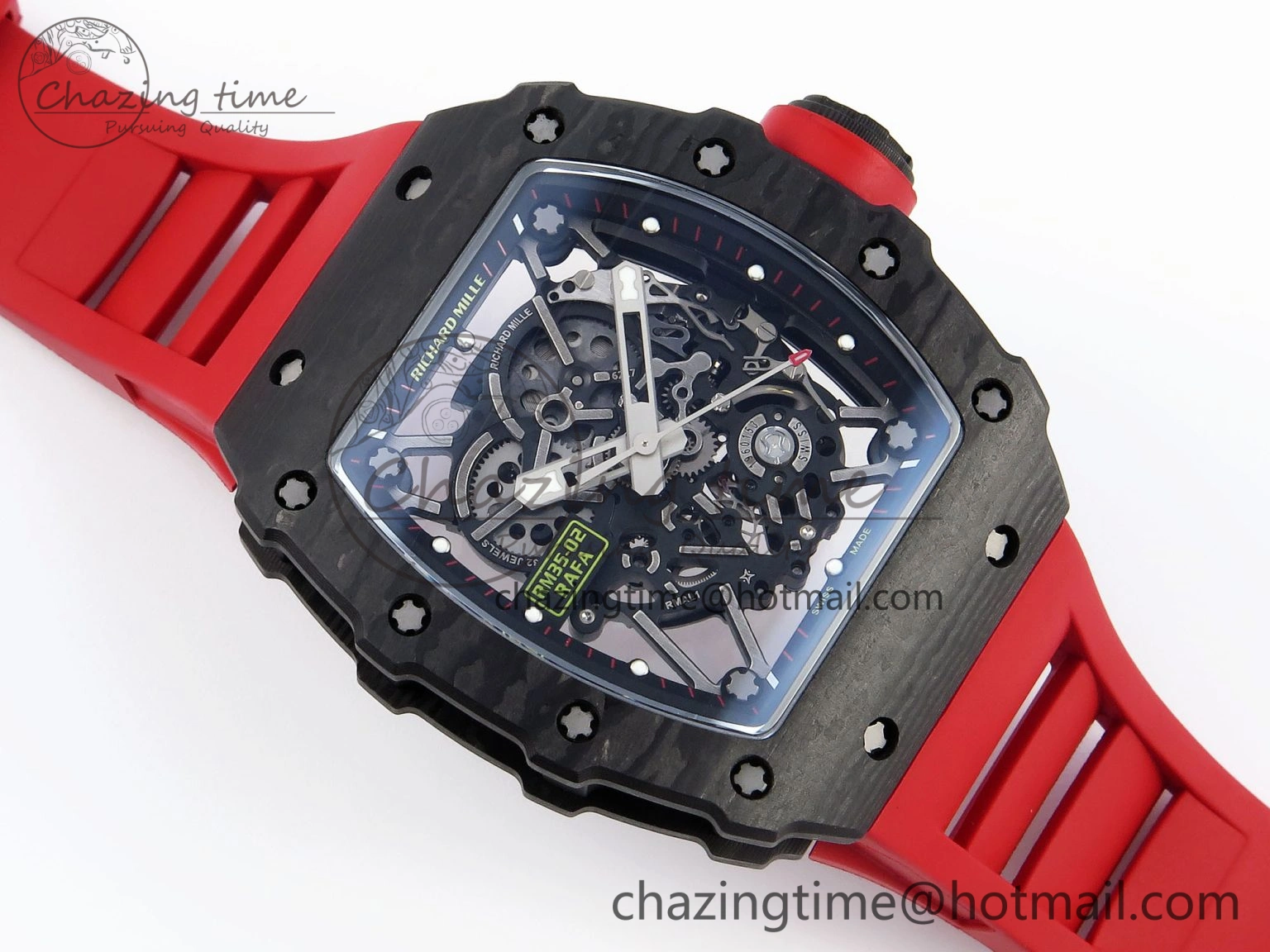 RM035 BLACK CARBON SONIC BEST EDITION SKELETON DIAL ON RED RUBBER STRAP CLONE RMUL2