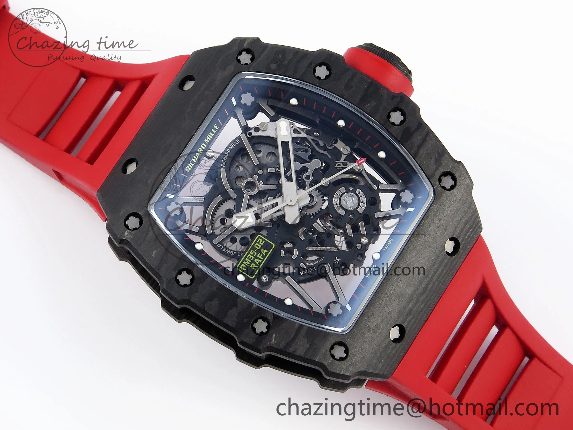 RM035 BLACK CARBON SONIC BEST EDITION SKELETON DIAL ON RED RUBBER STRAP CLONE RMUL2