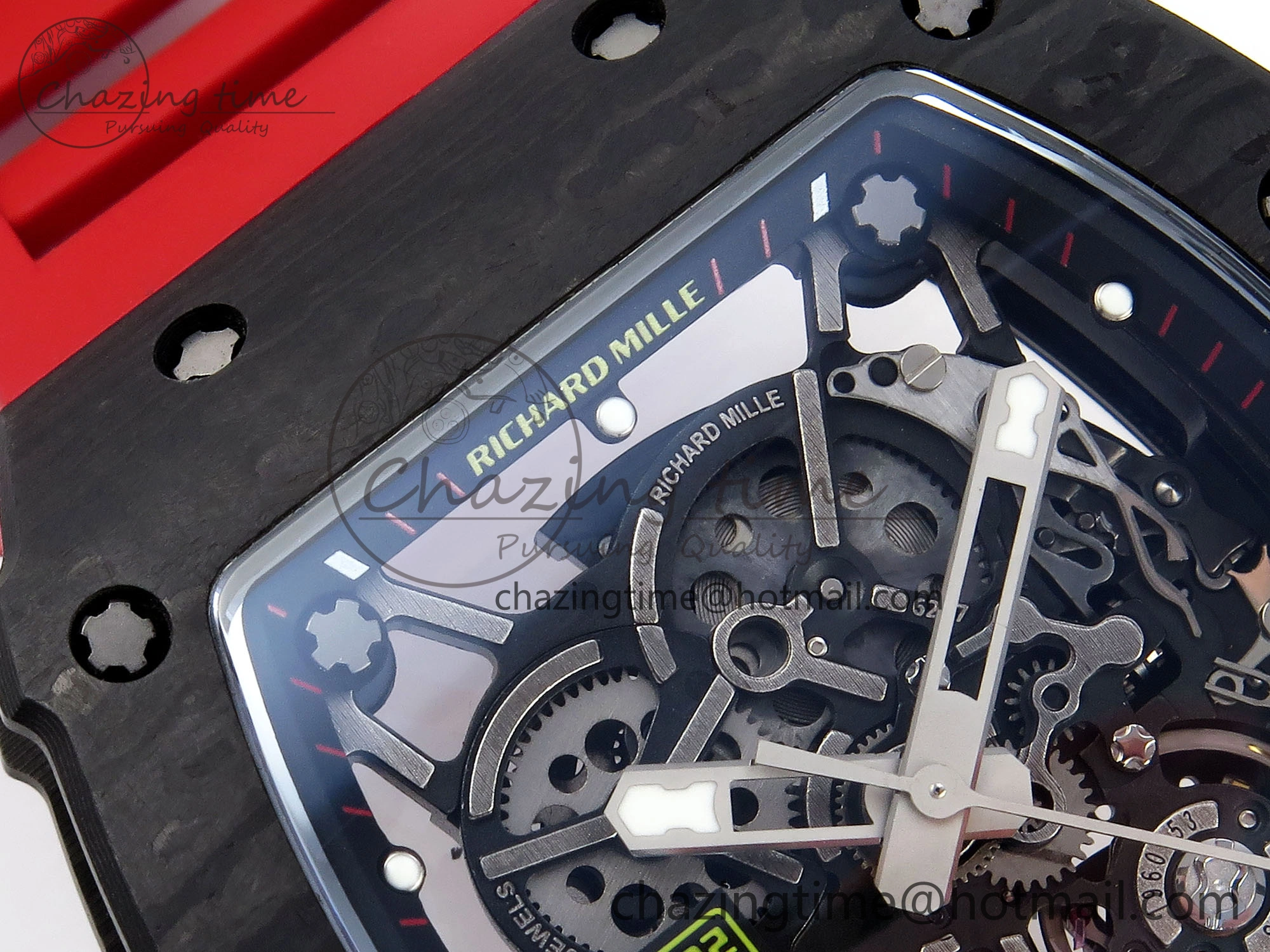 RM035 BLACK CARBON SONIC BEST EDITION SKELETON DIAL ON RED RUBBER STRAP CLONE RMUL2