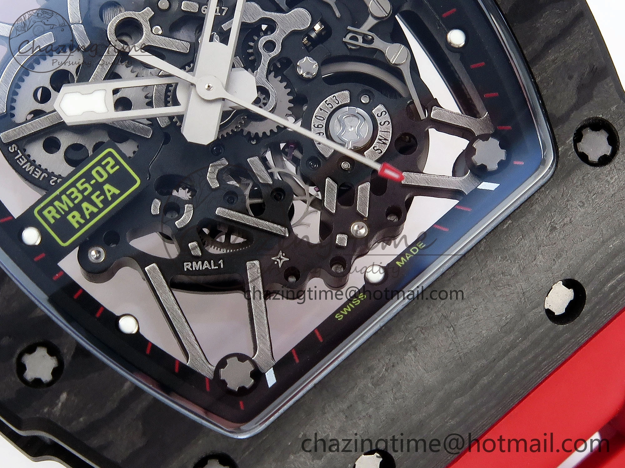 RM035 BLACK CARBON SONIC BEST EDITION SKELETON DIAL ON RED RUBBER STRAP CLONE RMUL2