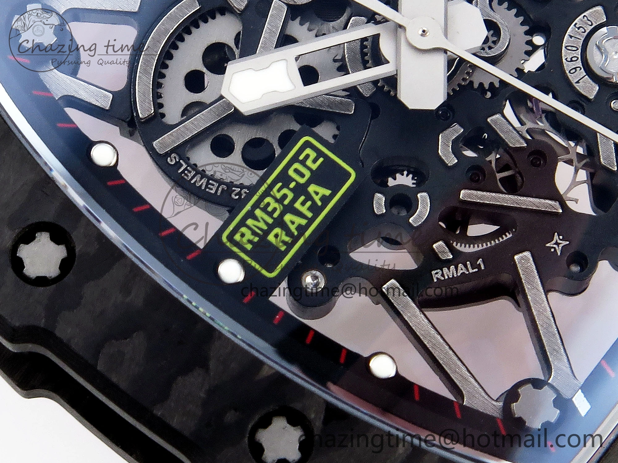 RM035 BLACK CARBON SONIC BEST EDITION SKELETON DIAL ON RED RUBBER STRAP CLONE RMUL2