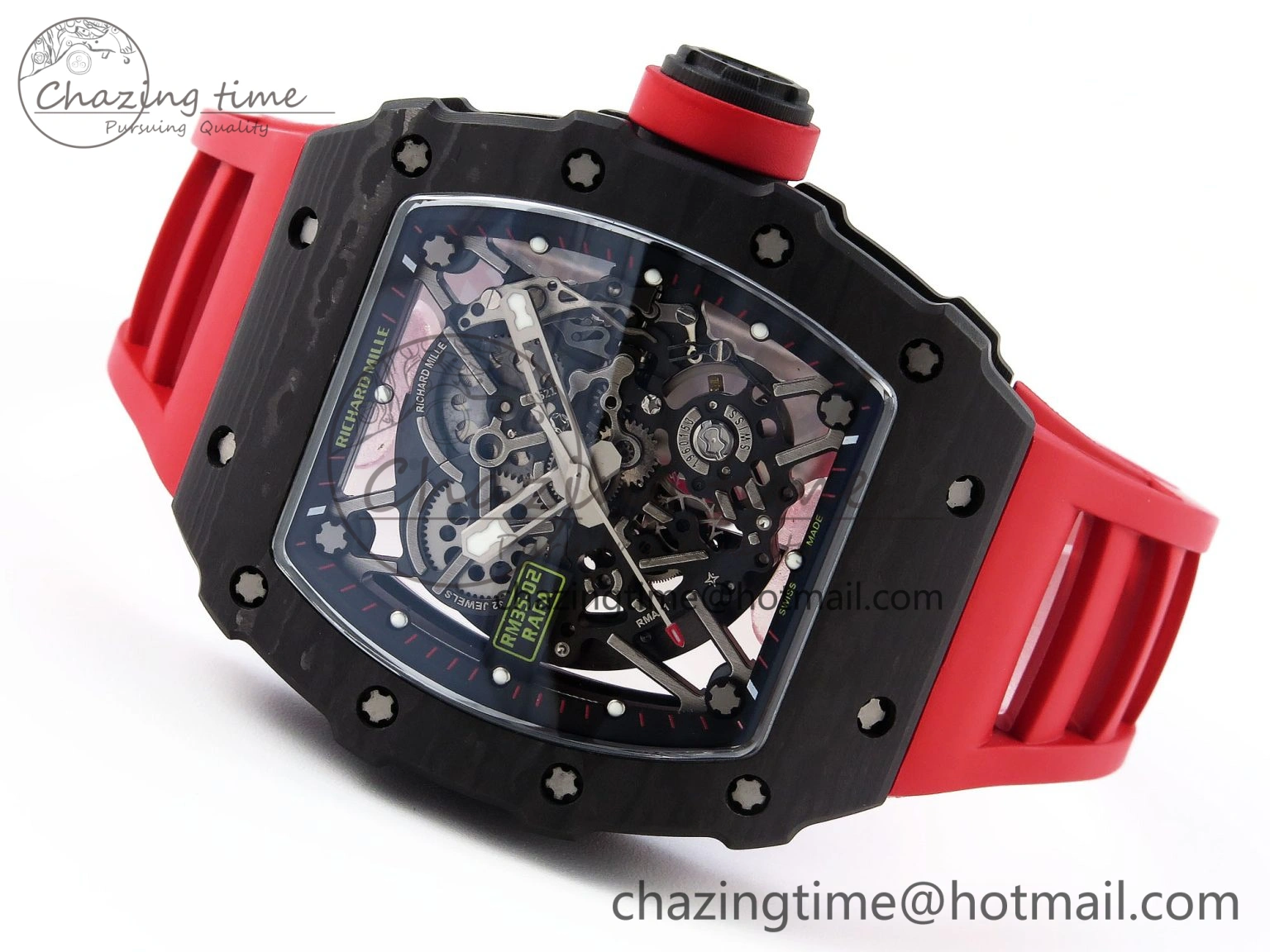 RM035 BLACK CARBON SONIC BEST EDITION SKELETON DIAL ON RED RUBBER STRAP CLONE RMUL2