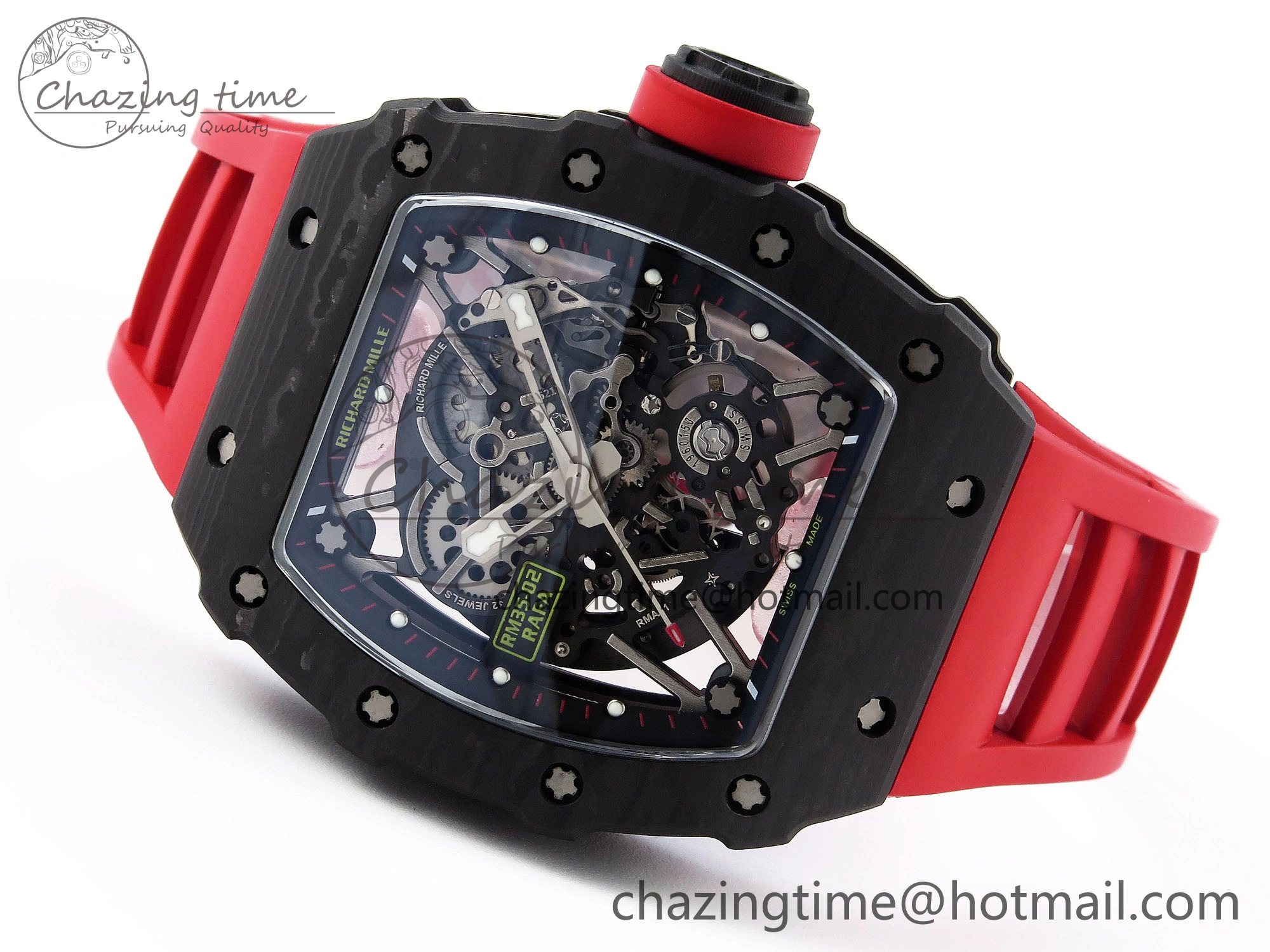 RM035 BLACK CARBON SONIC BEST EDITION SKELETON DIAL ON RED RUBBER STRAP CLONE RMUL2