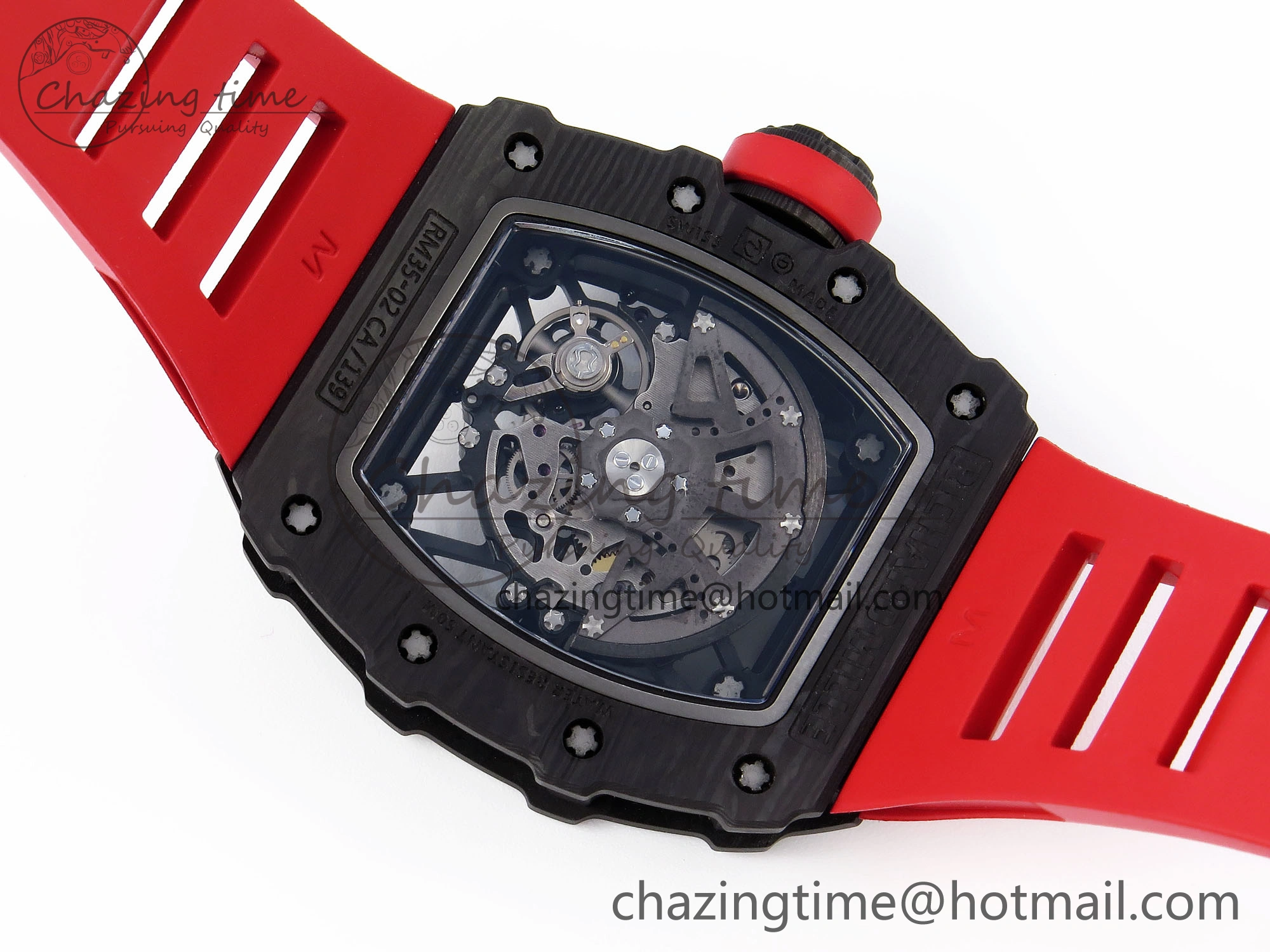 RM035 BLACK CARBON SONIC BEST EDITION SKELETON DIAL ON RED RUBBER STRAP CLONE RMUL2