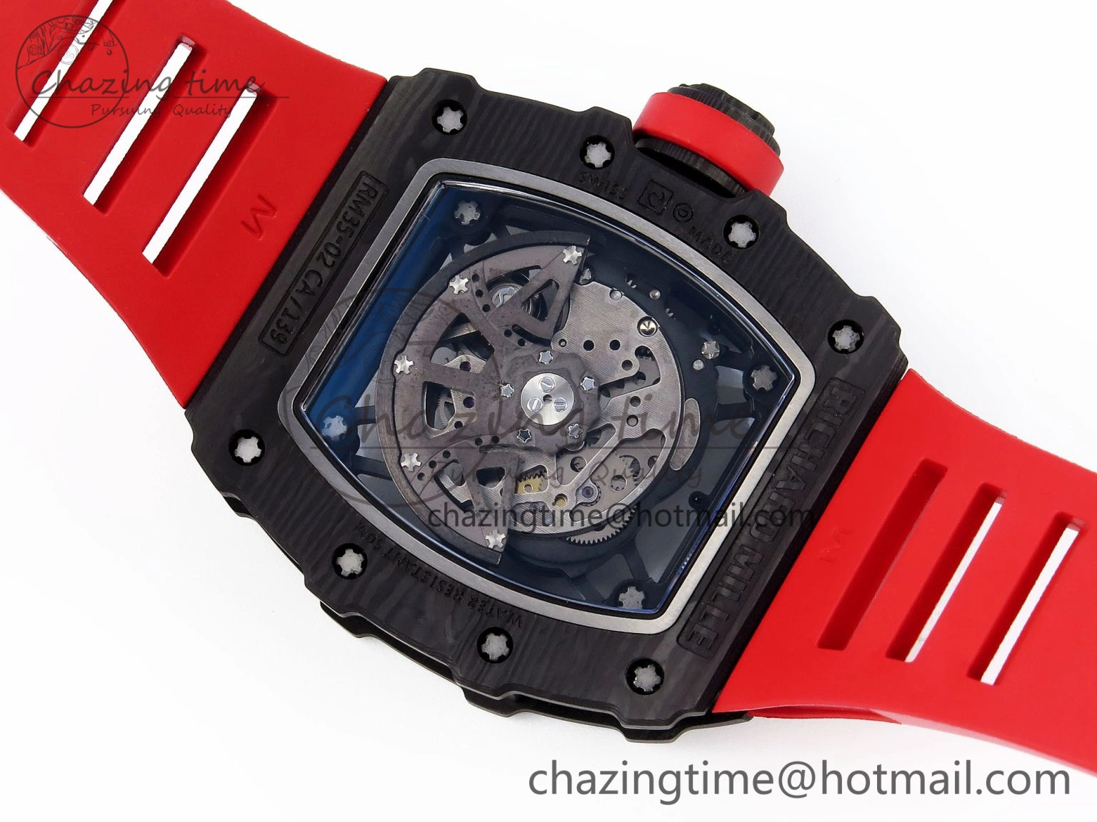 RM035 BLACK CARBON SONIC BEST EDITION SKELETON DIAL ON RED RUBBER STRAP CLONE RMUL2